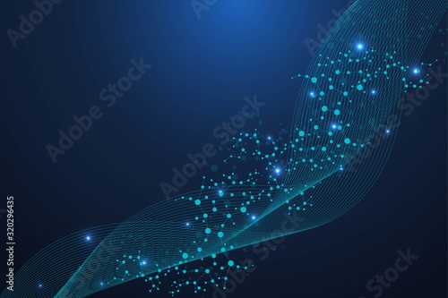 Structure molecule and communication. Dna, atom, neurons. Scientific concept for your design. Connected lines with dots. Medical, technology, chemistry, science background. Vector illustration.