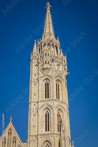 Matthias Church tower and blue sky, Budapest city, Hungary