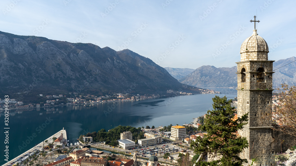 Top view of the old and new city of Kotor in Montenegro
