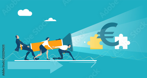 Business people illuminating with torch the euro currency. Finding solution, support and working together, Business professional world of advisory. Concept illustration  photo