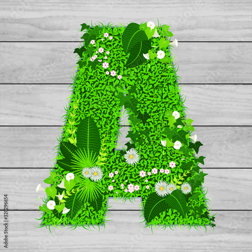 Lettre florale A - illustration vectorielle d’un gazon fleuri sur un fond de planches de bois grises.