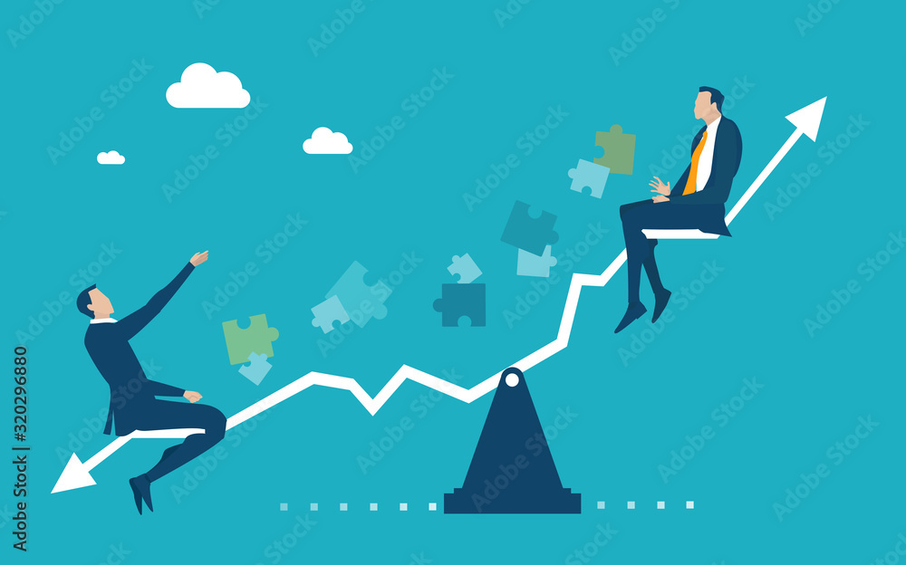 Two businessman at seesaw made of arrow, growth chart. Winning, negotiation, opportunity and competition in professional area concept. 