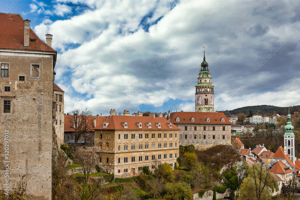 Cesky Krumlov famous touristic town view from the castle walls in Czech Republi