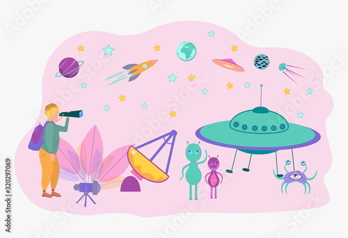 A man is looking for a UFO. Aliens walk on the earth. Comic book. colorful vector illustration