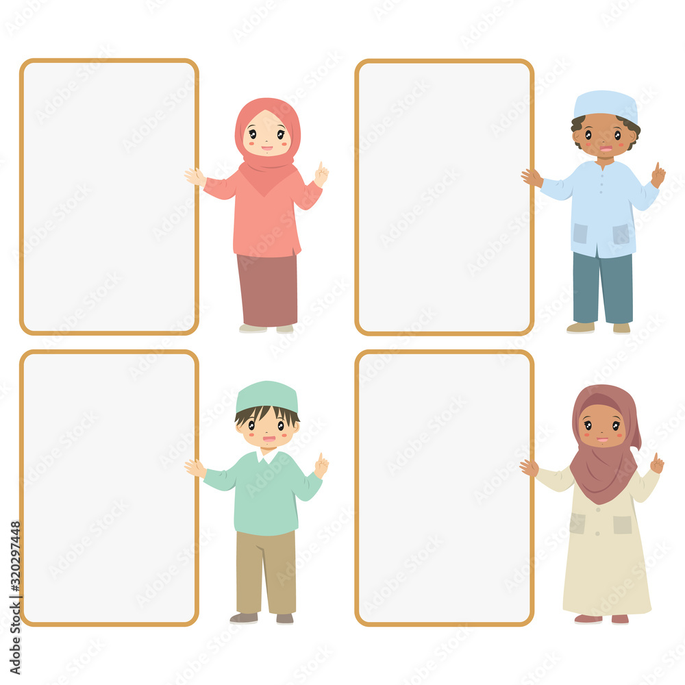 Happy Muslim children standing beside an empty banner. Muslim kids background cartoon vector set. Happy Muslim children standing beside an empty banner. Muslim kids background cartoon vector set.