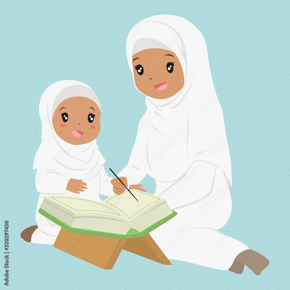 Muslim African American girl learning to read quran. a woman teaching a young girl to read quran, cartoon vector. Muslim African American girl learning to read quran. a woman teaching a young girl to read quran, cartoon vector.