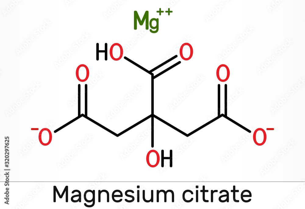 Magnesium citrate, C6H6MgO7 molecule. It is food additive E345. Skeletal chemical formula. Magnesium citrate, C6H6MgO7 molecule. It is food additive E345. Skeletal chemical formula.