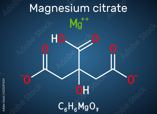 Magnesium citrate, C6H6MgO7 molecule. It is food additive E345. Structural chemical formula on the dark blue background