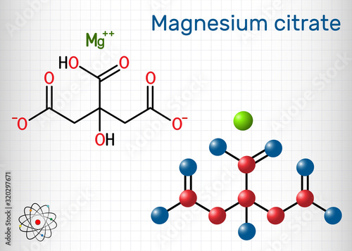 Magnesium citrate, C6H6MgO7 molecule. It is food additive E345. Structural chemical formula and molecule model. Sheet of paper in a cage