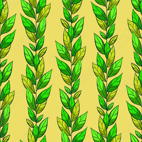 Vector seamless pattern with vertical branches and green leaves; natural design for fabric, wallpaper, wrapping paper, textile, package, web design. © Xaphana
