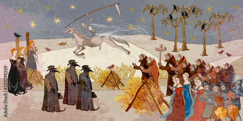 Plague epidemic. Horseman of death on horse. Terrible doctors. Medieval scene. World pestilence. Coronavirus art. Ancient book illustration. Middle Ages parchment style