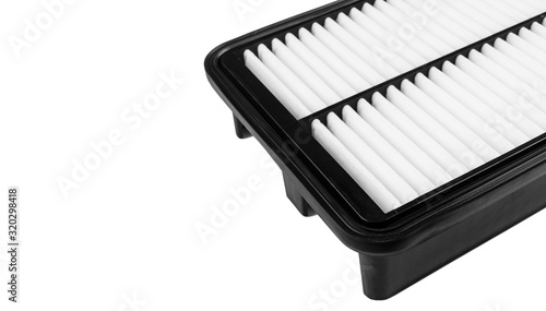 New car air filter element. Car engine air filter isolated on white background. Close-up air filter isolated over white with clipping path.