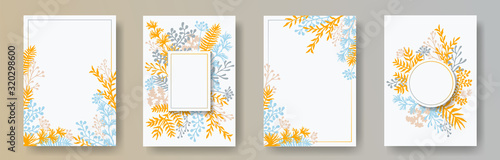 Cute herb twigs, tree branches, flowers floral invitation cards templates. He...