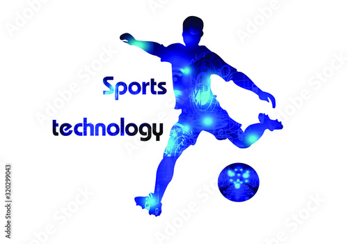 sports science technology concept. Football Logo design. Soccer player kick the goal. various technological graphics. V A R, Icon, Exercise, Symbol, Silhouette. Vector illustration.