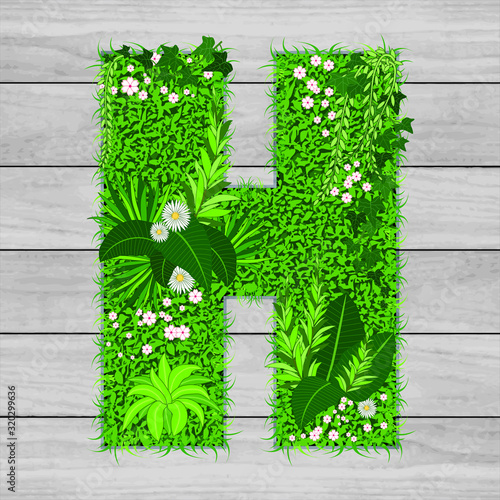 Lettre florale H - illustration vectorielle d’un gazon fleuri sur un fond de planches de bois grises.