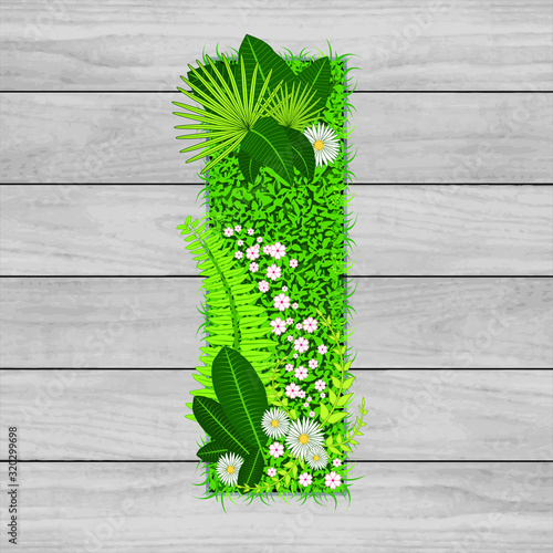 Lettre florale I - illustration vectorielle d’un gazon fleuri sur un fond de planches de bois grises.