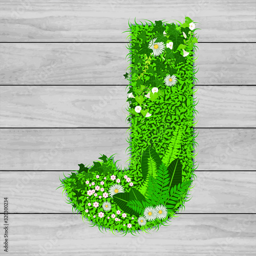 Lettre florale J - illustration vectorielle d’un gazon fleuri sur un fond de planches de bois grises.
