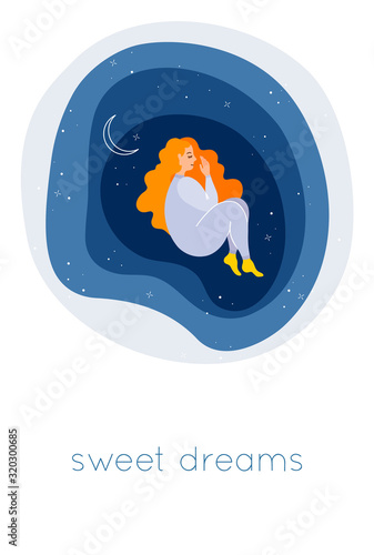 A poster wishing you good night and sweet dreams. Vector postcard with a little girl sleeping in the middle of the night sky, stars and the moon. Colorful vector illustration in cartoon style.