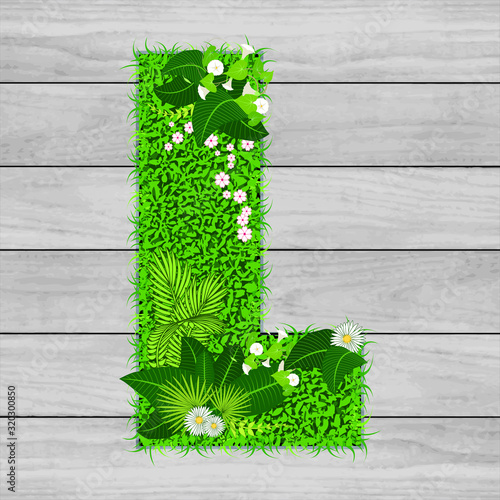 Lettre florale L - illustration vectorielle d’un gazon fleuri sur un fond de planches de bois grises.