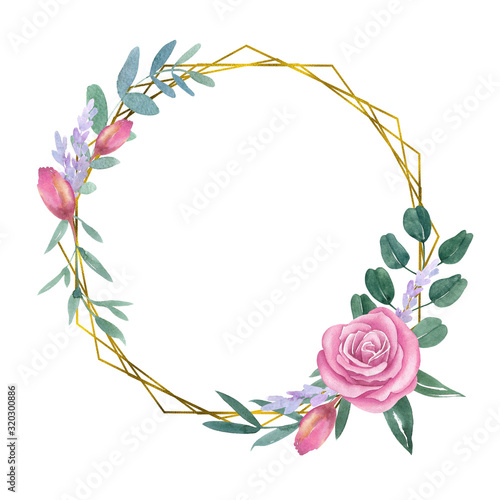 Watercolor frame geometry gold line with roses on white background for wedding decor.
