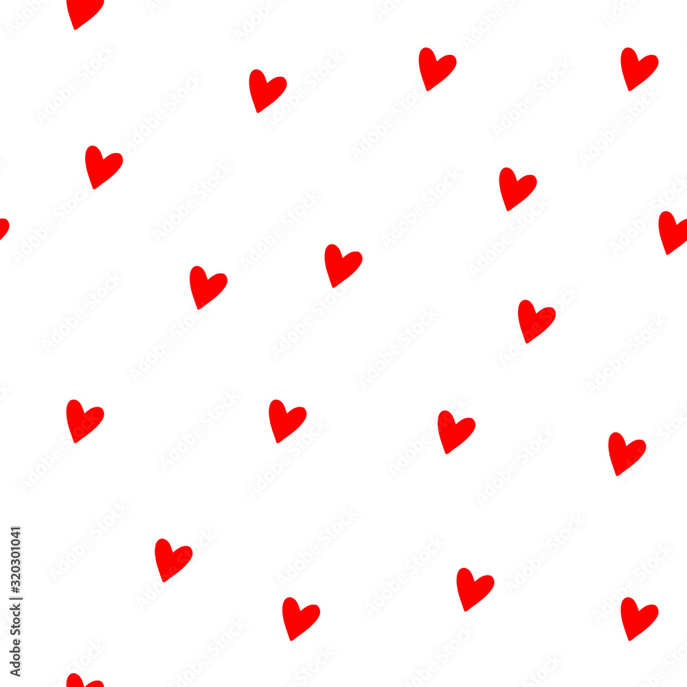 Seamless cute hearts pattern. Hand-drawn red hearts isolated on white background. Random festive heart confetti. Trendy Vector stock illustration for holidays, Valentine's Day, wedding, wrapping paper