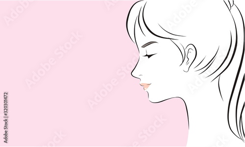 girl face long hair portrait isolated on pink background. hand drawn vector illustration