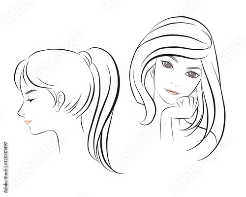 girl face long hair portrait isolated on white background. hand drawn vector illustration