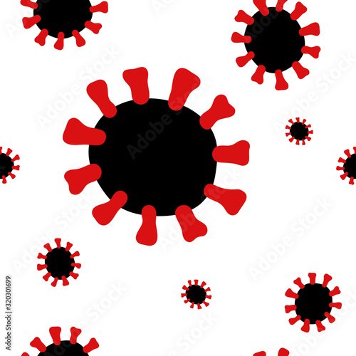 Seamless Coronavirus vector pattern. Sign of 2019-nCoV, MERS-Cov, Novel coronavirus. Virus strain black, red model Isolated on a white background for medical illustration. Chinese virus background