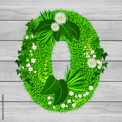 Lettre florale O - illustration vectorielle d’un gazon fleuri sur un fond de planches de bois grises.