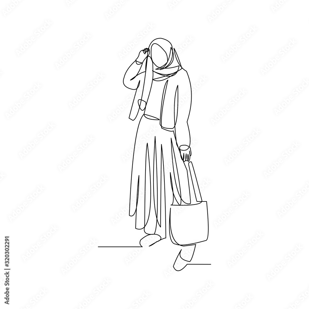 Continuous line drawing of fashionable muslim woman wearing hijab scarf. Vector illustration.