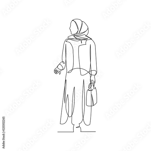 Continuous line drawing of fashionable muslim woman wearing hijab scarf. Vector illustration.