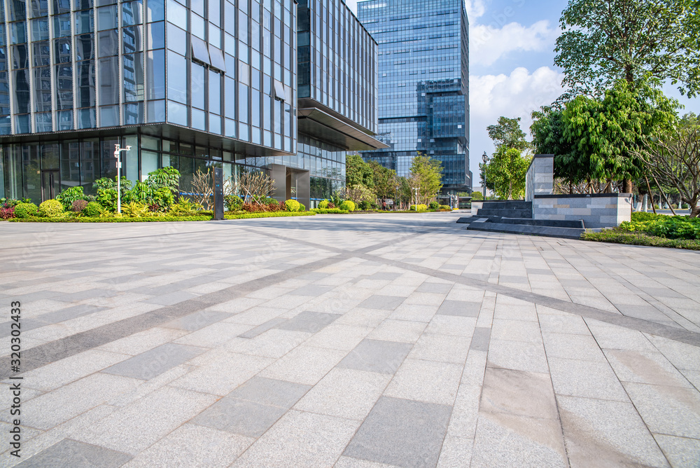 Glass curtain wall and empty floor of Nansha CBD office building in Guangzhou, China