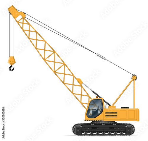 Crane view from side isolated on white background. Construction vehicle vector mockup, easy editing and recolor.