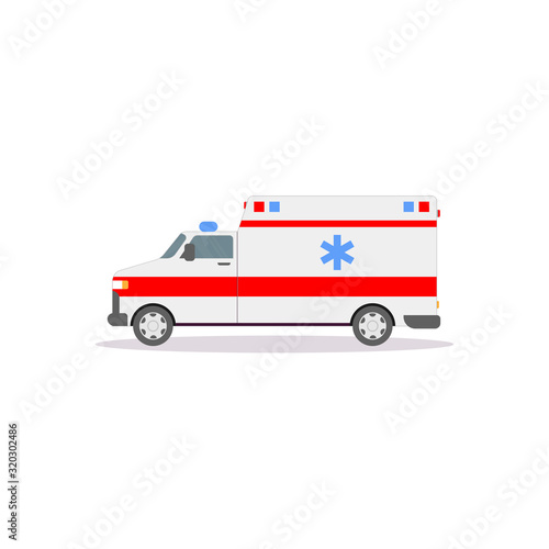 Side view of ambulance car with lights. Flat style vector illustration. Vehicle and transport banner. Modern ambulance american car. First aid van with paramedics. Emergency vehicle.