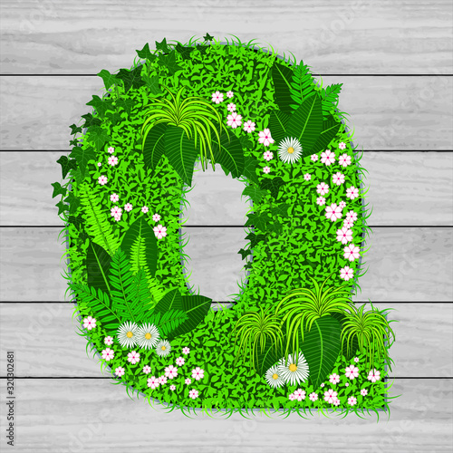 Lettre florale Q - illustration vectorielle d’un gazon fleuri sur un fond de planches de bois grises.