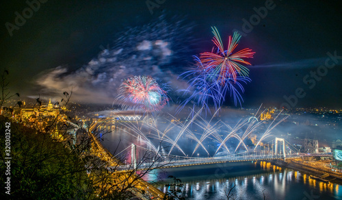 Canvas Print Budapest, Hungary - August 20th 2019: State Foundation Day celebration with fireworks over the Danube River