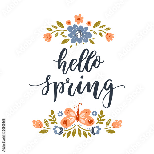 Flowers, butterflies and lettering. Hello spring greeting card © darijashka