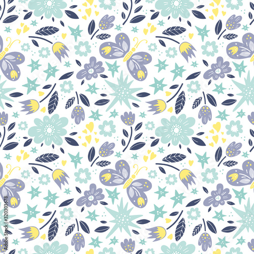 Vector background pattern with flowers. butterflies, leaves