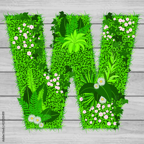 Lettre florale W - illustration vectorielle d’un gazon fleuri sur un fond de planches de bois grises.