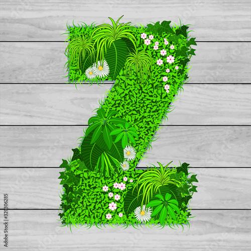 Lettre florale Z - illustration vectorielle d’un gazon fleuri sur un fond de planches de bois grises.
