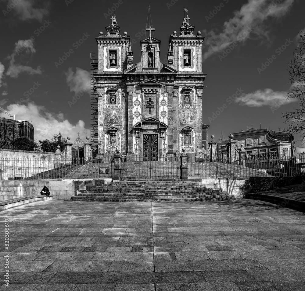 Ancient temples in the Azulejo style of the old city of Porto. Portugal. black and white
