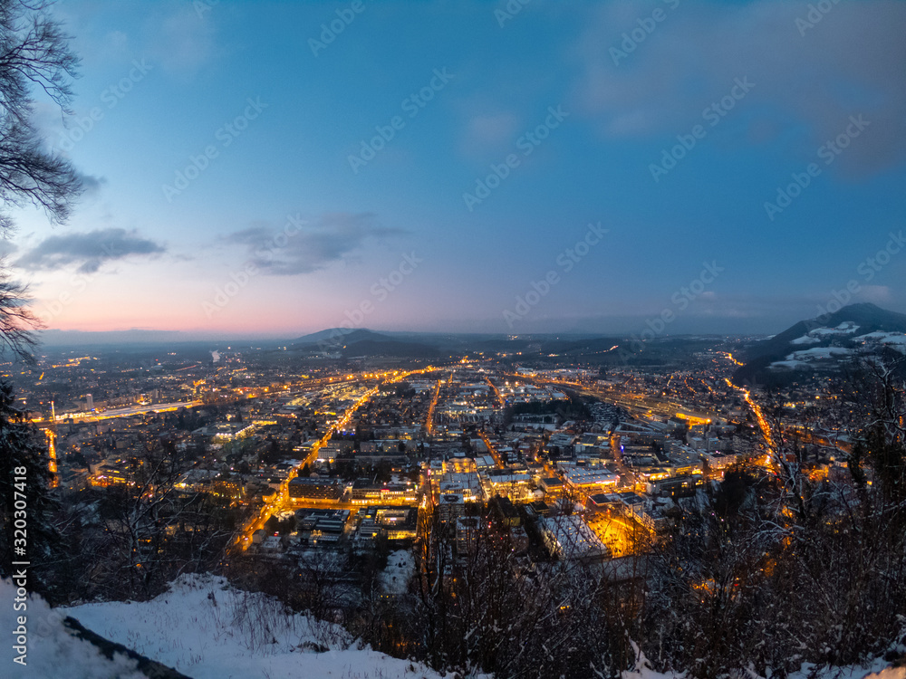 amadeus, heritage, world, unesco, attraction, panoramic, dusk, twilight, travel, medieval, architecture, cathedral, europe, vacation, austrian, salzburger, summer, skyline, tourism, church, alps, fort