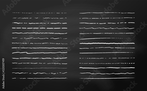 Set of chalk lines on chalkboard background. Hand drawn vector borders. Vintage doodle underlines. Cartoon pattern element. Grunge frame set.