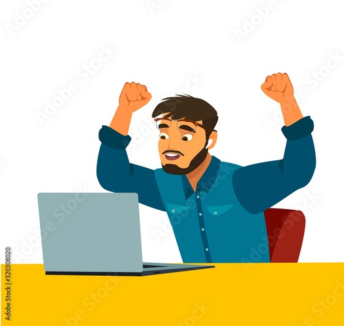 Portrait of happy successful man working on laptop in casuals - isolated on white. Concept communication.
