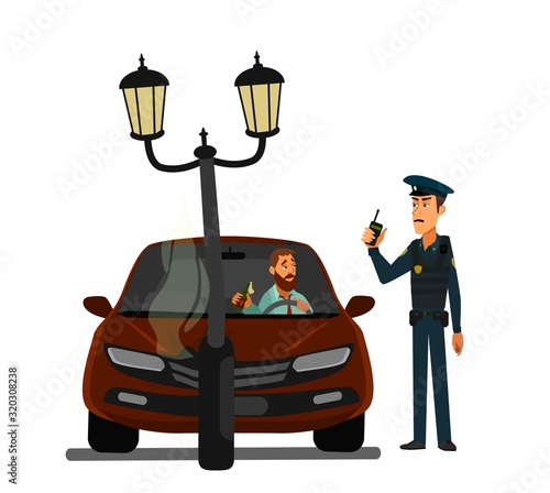 man alcohol test A drunk driver crashed into a pole. arrest of a drunk driver. vector illustration.