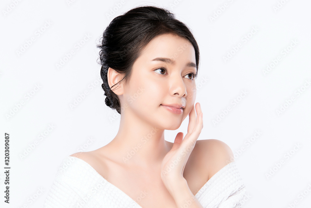 Portrait beautiful young asian woman clean fresh bare skin concept. Asian girl beauty face skincare and health wellness, Facial treatment, Perfect skin, Natural makeup, on white background,two Portrait beautiful young asian woman clean fresh bare skin concept. Asian girl beauty face skincare and health wellness, Facial treatment, Perfect skin, Natural makeup, on white background,two