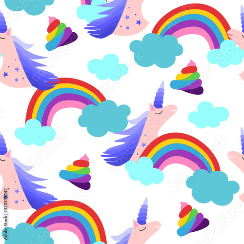 Unicorns vector pattern. Turd unicorn seamless pattern. Shit color ornament rainbow. Magic turd ornament. Rainbow fable poop