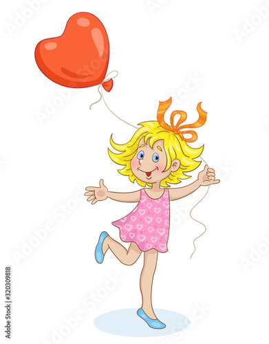Cute little girl jumps on one leg with a large red heart-shaped balloon  in her hand. In cartoon style. Isolated on white background. Vector illustration.
