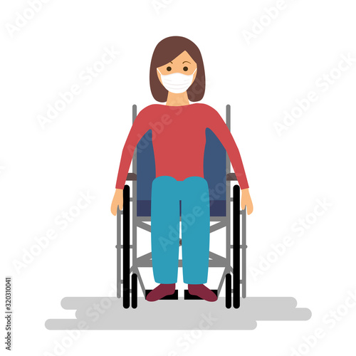 Woman wearing medical mask and sitting in a wheelchair. Cartoon flat design vector illustration on white background.