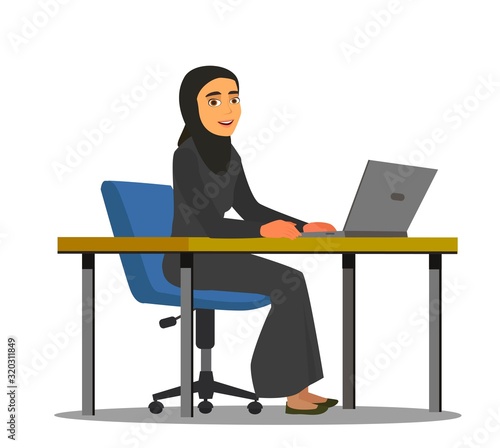 Arab woman in a modern suit and traditional Islamic burka. Arabic people. Cartoon flat vector illustration. Objects isolated on a white background.